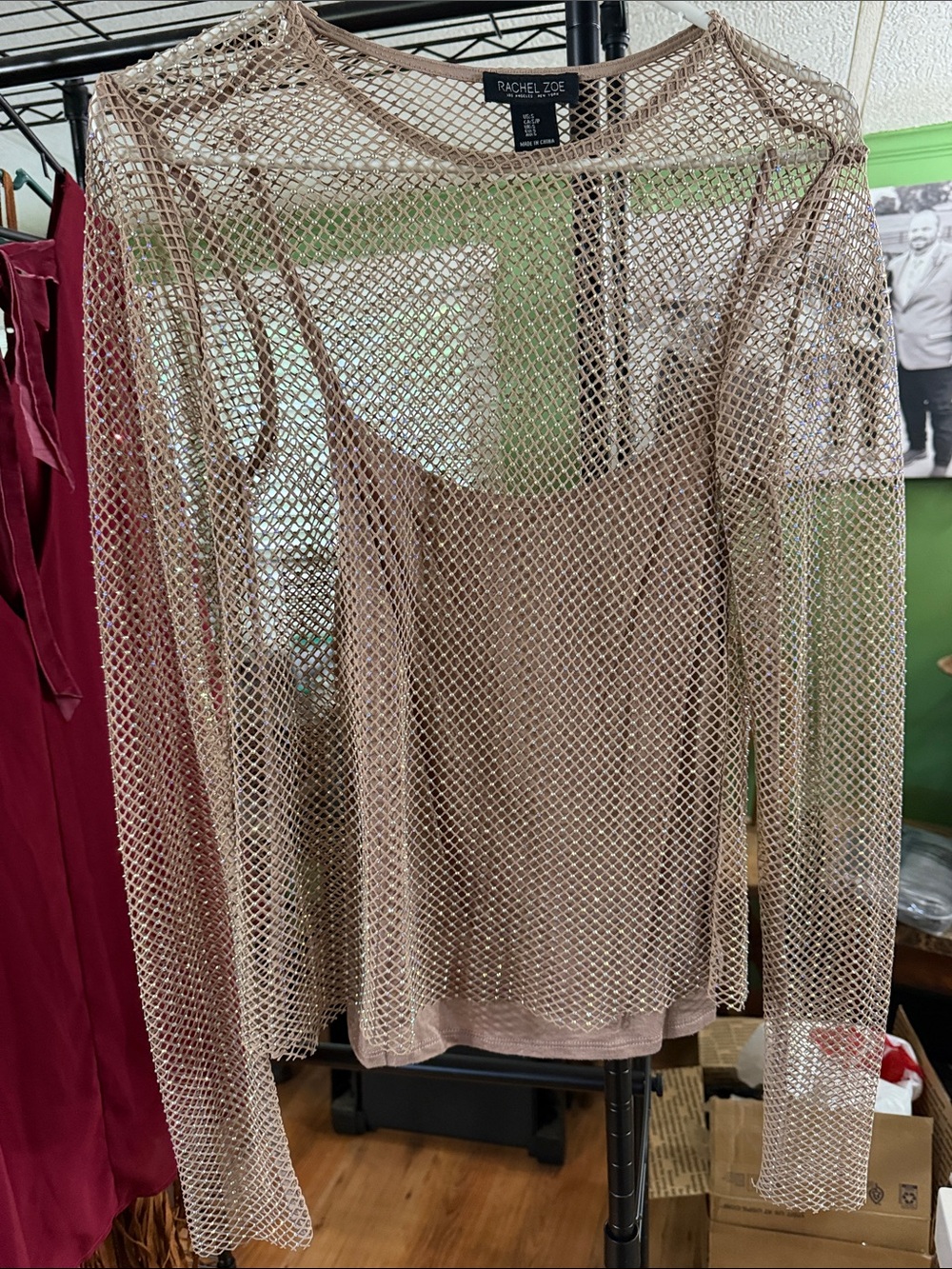 Rachel Zoe Rose Gold Metallic Mesh Layering Top with Slip